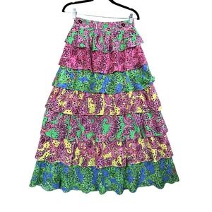 Alice + Olivia Pink Green Blue Yellow Paisley Tiered Maxi Skirt